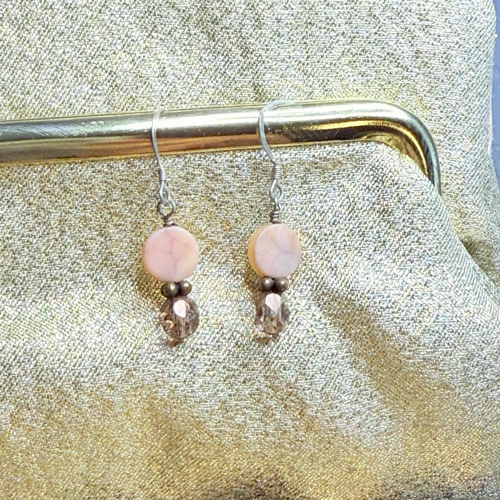 Mother of Stone and Glass bead 925 Sterling Silver Dangle Earrings